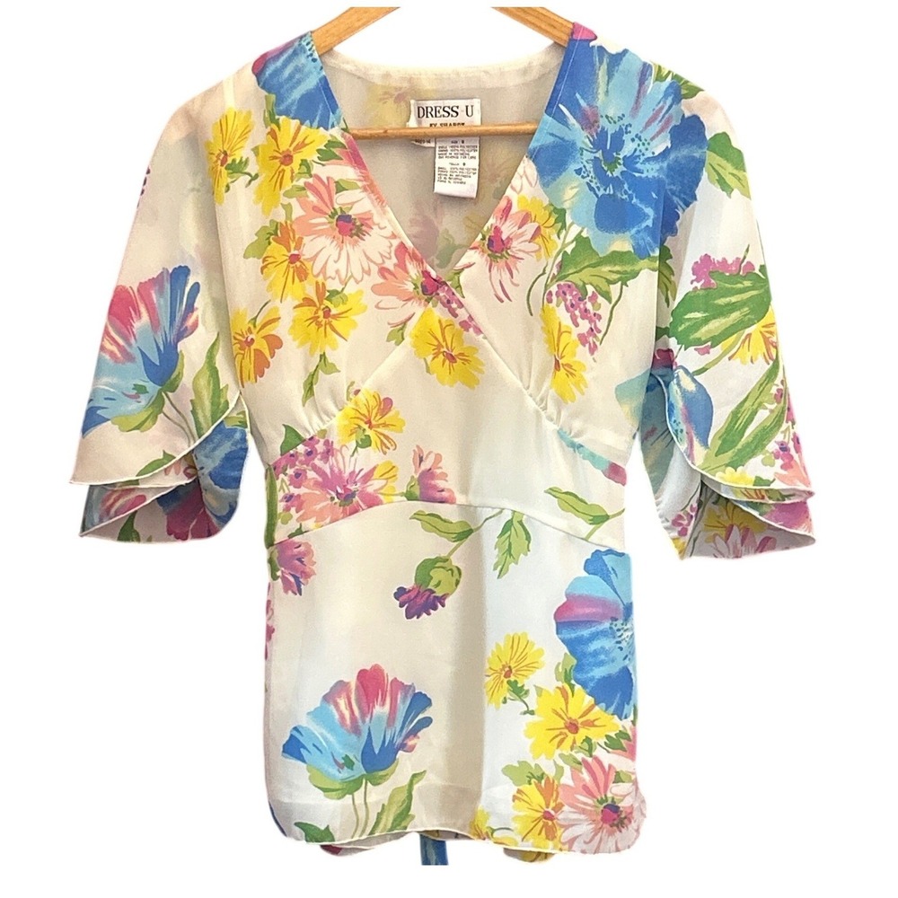 Vintage 90 Dress U by Sharon Floral Blouse Cottagecore Fairycore Spring Tropical
